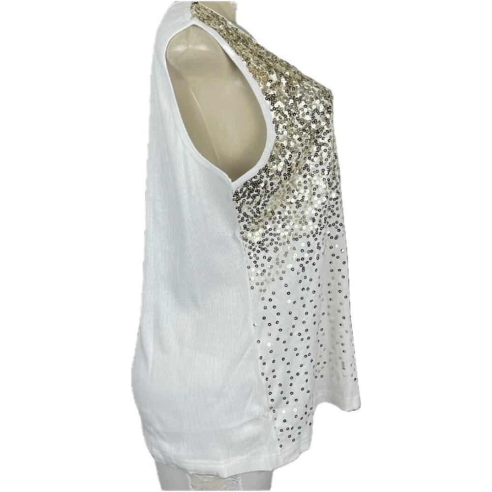 Roaman's 22/24 White Ribbed Gold & Silver Sequin Front Scoop Neckline Tank Top - Picture 3 of 7